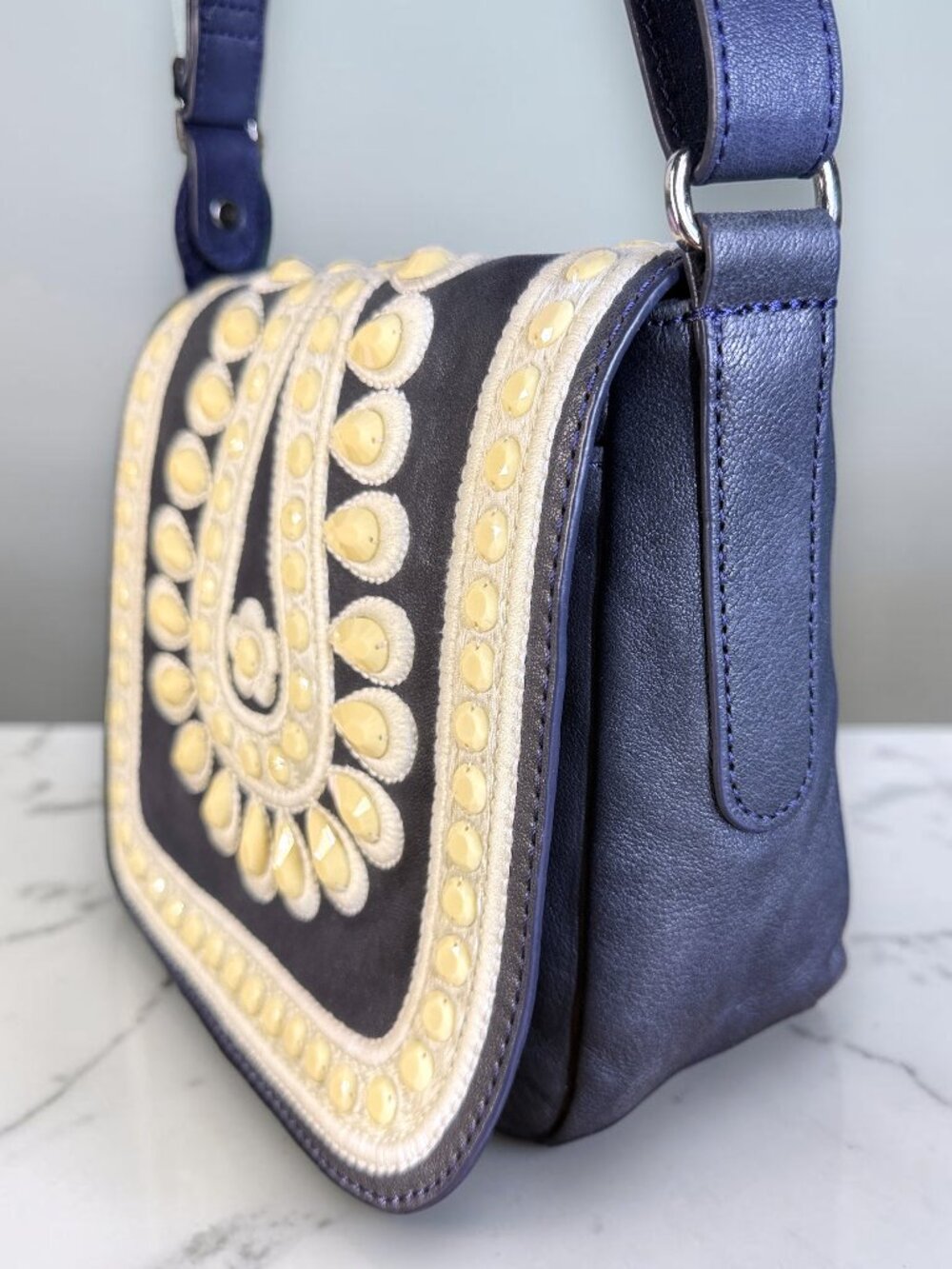 Brighton Masterpiece "Crown Jewel" Navy Leather Shoulder Crossbody Bag -Like New - Picture 5 of 15